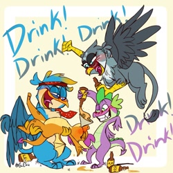 Size: 1199x1200 | Tagged: artist needed, safe, artist:g-elric, imported from derpibooru, gabby, gallus, smolder, spike, dragon, griffon, alcohol, bad influence, beer, beverage, bottle, bridal carry, carrying, chug chug chug chug, dialogue, drink, drinking, drunk, drunker smolder, drunker spike, female, headband, holding, male, necktie