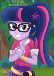 Size: 906x1280 | Tagged: safe, artist:nadiakaizane, imported from derpibooru, sci-twi, twilight sparkle, equestria girls, equestria girls series, spoiler:eqg series (season 2), cute, female, geode of telekinesis, glasses, grin, looking at you, magical geodes, music festival outfit, ponytail, smiling, solo, twiabetes