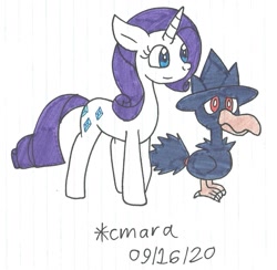 Size: 1119x1092 | Tagged: safe, artist:cmara, imported from derpibooru, rarity, bird, crow, murkrow, pony, unicorn, crossover, female, mare, pokémon, simple background, traditional art, video game crossover, white background