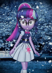 Size: 2500x3500 | Tagged: safe, artist:aryatheeditor, imported from derpibooru, sci-twi, twilight sparkle, equestria girls, beautiful, beautiful eyes, beautiful hair, belt, bench, blouse, bowtie, clothes, cutie mark, cutie mark on clothes, digital art, dress, element of magic, female, forest, geode of telekinesis, glasses, grin, heterochromia, jewelry, leaves, looking at you, magical geodes, nerd, night, outfit, pendant, photo, powerful sparkle, relaxed, skirt, smiling, socks, solo, sparkles, tree