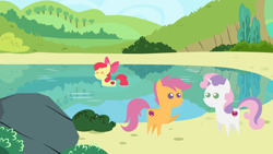 Size: 1200x675 | Tagged: artist needed, safe, artist:buttonmash, imported from derpibooru, apple bloom, scootaloo, sweetie belle, earth pony, pegasus, pony, unicorn, cutie mark crusaders, enjoying, eyes closed, female, filly, funny, pointy ponies