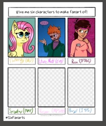 Size: 401x474 | Tagged: safe, artist:marg-m, imported from derpibooru, fluttershy, human, pegasus, pony, six fanarts, ..., bionic eye, bust, clothes, crossover, ear fluff, eddsworld, eyelashes, female, future matt (eddsworld), male, mare, matt (eddsworld), signature, smiling, tales from the gas station