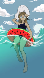 Size: 2093x3723 | Tagged: safe, artist:wii-san, imported from derpibooru, oc, oc only, oc:dawnsong, anthro, earth pony, plantigrade anthro, clothes, feet, glasses, hat, inner tube, looking at you, one-piece swimsuit, swimming, swimsuit