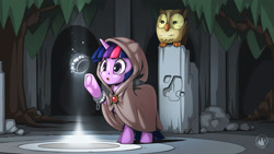 Size: 1920x1080 | Tagged: safe, artist:mysticalpha, imported from derpibooru, clover the clever, owlowiscious, twilight sparkle, bird, owl, pony, unicorn, clothes, coat, open mouth, relic, sphere, tree, unicorn twilight