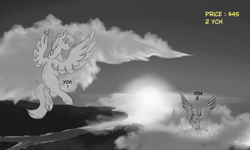 Size: 5000x3000 | Tagged: safe, artist:hellblazer911, artist:rokosmith26, imported from derpibooru, pegasus, pony, advertisement, cloud, commission, flying, fog, forest, hill, river, sky, spread wings, sun, tail, text, wings, your character here