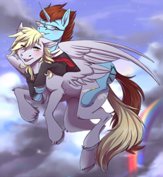Size: 1978x2137 | Tagged: safe, artist:1an1, imported from derpibooru, oc, oc only, oc:golden aegis, pegasus, pony, unicorn, cloud, cloven hooves, flying, glasses, high res, open mouth, ponies riding ponies, riding, sky