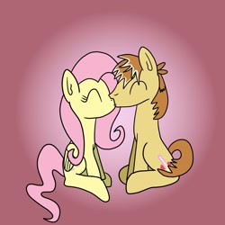 Size: 1280x1280 | Tagged: safe, artist:platinumdrop, imported from derpibooru, feather bangs, fluttershy, gradient background, kissing, request, shipping, simple background