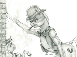 Size: 1400x1046 | Tagged: safe, artist:baron engel, imported from derpibooru, oc, oc:free n'clear, oc:heartbreaker, earth pony, pony, unicorn, bowler hat, cigar, female, hat, mare, monochrome, pencil drawing, story included, traditional art