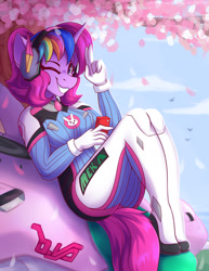 Size: 1700x2200 | Tagged: safe, artist:shadowreindeer, imported from derpibooru, oc, oc only, oc:techy twinkle, anthro, cellphone, cherry blossoms, clothes, commission, cosplay, costume, d.va, flower, flower blossom, grin, looking at you, one eye closed, overwatch, phone, smiling, solo, two fingered salute, wink, winking at you, ych result, your character here