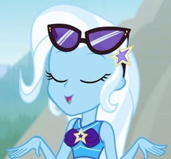 Size: 540x501 | Tagged: safe, imported from derpibooru, screencap, trixie, equestria girls, equestria girls series, forgotten friendship, clothes, cropped, eyes closed, solo, sunglasses, sunglasses on head, swimsuit