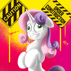 Size: 1024x1024 | Tagged: safe, artist:jphyperx, imported from derpibooru, sweetie belle, pony, unicorn, 404, bipedal, crazy face, derp, faic, grin, insanity, nervous, older, older sweetie belle, puberty, simple background, smiling, solo, squee, street sign