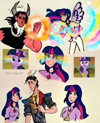 Size: 901x1110 | Tagged: safe, artist:valeriamagicart, imported from derpibooru, screencap, discord, lord tirek, twilight sparkle, alicorn, human, pony, twilight's kingdom, horn, horned humanization, humanized, magic, rainbow eyes, scorpan's necklace, screencap reference, super saiyan princess, twilight sparkle (alicorn), twilight vs tirek, winged humanization, wings