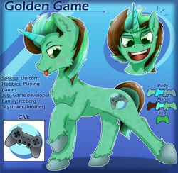 Size: 2049x1998 | Tagged: safe, artist:jesterpi, imported from derpibooru, oc, oc only, oc:golden game, unicorn, abstract background, cutie mark, horn, playstation, reference sheet, smiling, standing, tongue out