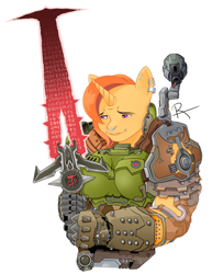 Size: 2550x3300 | Tagged: safe, imported from derpibooru, oc, oc:nessie, anthro, 2d, crossover, crucible blade, doom, doom eternal, doom guy, doom slayer, george costanza, shiggy diggy, slayer, sword, weapon