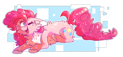 Size: 1446x674 | Tagged: safe, artist:dazzledoves, imported from derpibooru, pinkie pie, earth pony, pony, abstract background, cheek fluff, chest fluff, colored pinnae, cutie mark, female, fluffy, looking at you, lying down, one eye closed, open mouth, pale belly, prone, simple background, smiling, solo, transparent background, wink