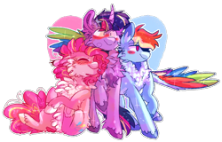 Size: 2000x1282 | Tagged: safe, artist:dazzledoves, imported from derpibooru, pinkie pie, rainbow dash, twilight sparkle, alicorn, earth pony, pegasus, pony, bisexual, blushing, cheek fluff, chest fluff, ear fluff, female, fluffy, heart, horn, hug, leaning on someone, lesbian, looking away, pale belly, pinkiedash, polyamory, rainbow power, shipping, simple background, smiling, transparent background, twidash, twidashpie, twilight sparkle (alicorn), twinkie, winghug, wings