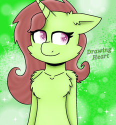 Size: 1027x1108 | Tagged: safe, artist:oliviatheangelfox, imported from derpibooru, oc, oc only, oc:drawing heart, pony, unicorn, abstract background, bust, chest fluff, smiling, solo