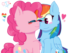 Size: 1200x866 | Tagged: safe, artist:oliviatheangelfox, imported from derpibooru, pinkie pie, rainbow dash, earth pony, pegasus, pony, blushing, chest fluff, cute, eyes closed, female, heart, lesbian, one eye closed, pinkiedash, shipping, simple background, white background, wink