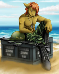 Size: 1200x1500 | Tagged: safe, artist:talki200, imported from derpibooru, oc, oc:copper jacket, anthro, unguligrade anthro, clothes, crate, fn fal, gun, helmet, male, muscles, partial nudity, rifle, topless, unikranian, weapon