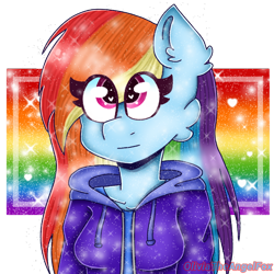 Size: 800x800 | Tagged: safe, artist:oliviatheangelfox, imported from derpibooru, rainbow dash, anthro, pegasus, bust, clothes, female, heart eyes, hoodie, looking up, signature, simple background, smiling, solo, transparent background, wingding eyes