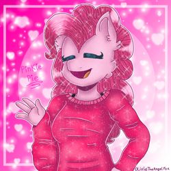 Size: 1000x1000 | Tagged: safe, artist:oliviatheangelfox, imported from derpibooru, pinkie pie, anthro, earth pony, bust, clothes, eyes closed, female, open mouth, signature, smiling