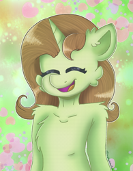 Size: 1017x1302 | Tagged: safe, artist:oliviatheangelfox, imported from derpibooru, oc, oc only, oc:drawing heart, pony, unicorn, abstract background, bust, chest fluff, eyes closed, horn, open mouth, smiling, solo, unicorn oc