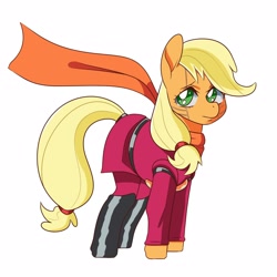 Size: 1600x1600 | Tagged: safe, artist:zettaidullahan, imported from derpibooru, applejack, earth pony, pony, boots, cape, clothes, cyborg 009, female, mare, shoes, simple background, white background