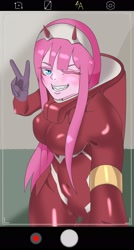 Size: 1600x2993 | Tagged: safe, artist:zettaidullahan, imported from derpibooru, pinkie pie, human, clothes, cosplay, costume, darling in the franxx, devil horns, female, gloves, grin, humanized, one eye closed, phone screen, selfie, smiling, solo, wink, zero two (darling in the franxx)