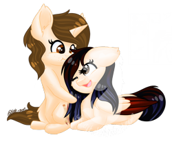 Size: 1308x1080 | Tagged: safe, artist:silentwolf-oficial, imported from derpibooru, oc, oc only, pegasus, pony, unicorn, eyelashes, horn, lying down, one eye closed, open mouth, pegasus oc, prone, simple background, smiling, solo, transparent background, unicorn oc, watermark, wings, wink
