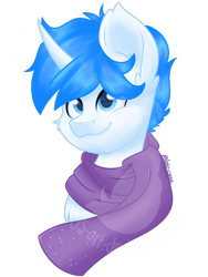 Size: 1080x1440 | Tagged: safe, artist:silentwolf-oficial, imported from derpibooru, oc, oc only, pony, unicorn, bust, clothes, horn, scarf, signature, simple background, smiling, solo, transparent background, unicorn oc, watermark