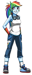 Size: 1272x3000 | Tagged: safe, artist:artemis-polara, imported from derpibooru, rainbow dash, equestria girls, clothes, converse, geode of super speed, goggles, magical geodes, pants, ponytail, shoes, simple background, socks, solo, tanktop, transparent background