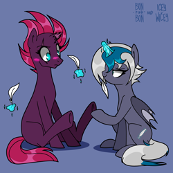 Size: 4000x4000 | Tagged: safe, artist:bonpikabon, artist:icey-wicey-1517, artist:icicle-wicicle-1517, color edit, edit, imported from derpibooru, fizzlepop berrytwist, tempest shadow, oc, oc:elizabat stormfeather, alicorn, bat pony, bat pony alicorn, pony, unicorn, alicorn oc, bat pony oc, bat wings, blue background, blushing, broken horn, canon x oc, collaboration, colored, eye scar, feather, female, fetish, glowing horn, hoof fetish, hoof hold, horn, lesbian, levitation, magic, mare, nervous, raised hoof, raised leg, scar, shipping, simple background, sitting, smiling, smirk, stormshadow, telekinesis, tickle fetish, tickle torture, tickling, wall of tags, wings