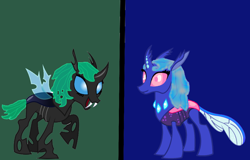 Size: 1362x871 | Tagged: safe, artist:daisyrosepup16, imported from derpibooru, oc, oc only, changedling, changeling, base used, changedling oc, changeling oc, duo, fangs, female, raised hoof