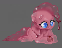 Size: 1280x993 | Tagged: safe, artist:fluffleart, imported from derpibooru, pinkie pie, goo, goo pony, original species, cute, diapinkes, dripping, goo ponified, gray background, looking down, lying down, pinkie slime, prone, simple background, solo, species swap, translucent