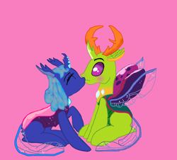 Size: 862x780 | Tagged: safe, artist:daisyrosepup16, imported from derpibooru, thorax, oc, changedling, changeling, base used, blushing, canon x oc, changedling oc, changeling oc, eyes closed, female, king thorax, male, pink background, simple background, sitting, straight