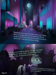 Size: 2600x3462 | Tagged: safe, artist:jesterpi, imported from derpibooru, oc, oc:jester pi, oc:shining emerald, pegasus, pony, comic:a jester's tale, building, city, clothes, crowd, horns, maid, manehattan, moon, night, outdoors, purple background, road, simple background, stars, street, text, trotting, uniform, walking