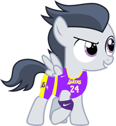 Size: 2302x2500 | Tagged: safe, artist:rapmlpandbttffan23, imported from derpibooru, rumble, pegasus, pony, basketball, basketball jersey, clothes, colt, foal, jersey, lakers, los angeles lakers, male, nba, nike, nike logo, shorts, simple background, solo, sports, transparent background, wristband