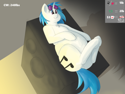 Size: 3000x2254 | Tagged: safe, artist:lupin quill, imported from derpibooru, dj pon-3, vinyl scratch, pony, unicorn, series:vinyl scratch weight gain drive, bedroom eyes, belly, belly button, belly grab, big belly, butt, chest fluff, chubby, dialogue, fat, fat fetish, fetish, incentive drive, lip bite, looking at you, lying down, plot, solo, speaker, speakers, sunglasses, vinyl fat, weight gain sequence