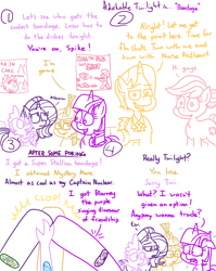 Size: 4779x6013 | Tagged: safe, artist:adorkabletwilightandfriends, imported from derpibooru, doctor horse, doctor stable, moondancer, nurse redheart, spike, starlight glimmer, twilight sparkle, alicorn, dragon, pony, unicorn, comic:adorkable twilight and friends, absurd resolution, adorkable, adorkable twilight, bandage, clinic, comic, competition, contest, cute, doctor, dork, female, friendship, hoofbump, humor, male, mare, nurse, poster, silly, slice of life, superhero, twilight sparkle (alicorn), vaccination, x eyes