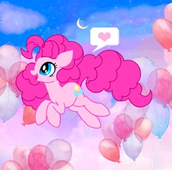 Size: 2047x2028 | Tagged: safe, artist:stacy_165cut, imported from derpibooru, pinkie pie, earth pony, pony, balloon, crescent moon, cute, diapinkes, female, heart, high res, mare, moon, night, open mouth, pictogram, sky, solo, speech bubble