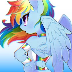 Size: 1500x1500 | Tagged: safe, artist:bbtasu, artist:bibitasu, imported from derpibooru, rainbow dash, pegasus, pony, semi-anthro, arm hooves, backless, bare shoulders, chromatic aberration, clothes, featured image, female, gradient background, hooves on hips, mare, sexy, solo, stupid sexy rainbow dash, underhoof, wings