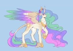 Size: 2246x1559 | Tagged: safe, artist:dazzledoves, artist:idiot__baby, imported from derpibooru, princess celestia, alicorn, pony, blue background, chest fluff, coat markings, colored wings, crown, dappled, ear fluff, female, hoof shoes, jewelry, leg fluff, leonine tail, mare, multicolored wings, pale belly, regalia, simple background, solo, spread wings, tail fluff, unshorn fetlocks, wings