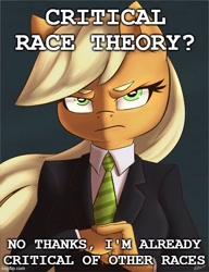 Size: 500x650 | Tagged: safe, artist:atane27, edit, applejack, anthro, pony, business suit, caption, clothes, cracking knuckles, critical race theory, female, glare, image macro, looking at you, meme, serious, serious face, solo, suit, text, this will end in pain