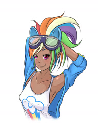 Size: 1450x1900 | Tagged: safe, artist:albertbm, imported from derpibooru, kotobukiya, rainbow dash, human, anime, armpits, clothes, cutie mark, cutie mark on clothes, dark skin, female, goggles, humanized, kotobukiya rainbow dash, looking at you, simple background, smiling, solo, tanktop, white background