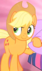 Size: 363x617 | Tagged: safe, imported from derpibooru, screencap, applejack, twilight sparkle, earth pony, the beginning of the end, applejack's hat, confidence, confident, cowboy hat, cropped, female, get, happy, hat, holding hooves, looking at you, offscreen character, smiling, solo focus