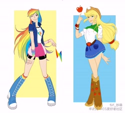 Size: 7538x6786 | Tagged: safe, artist:k_妙杨, imported from derpibooru, applejack, rainbow dash, equestria girls, boots, clothes, compression shorts, cowboy boots, cowboy hat, denim skirt, duo, female, hat, human coloration, looking at you, shoes, skirt, smiling at you, standing