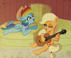 Size: 1311x1062 | Tagged: safe, artist:camaleao, imported from derpibooru, applejack, rainbow dash, earth pony, pegasus, pony, appledash, applejack's hat, barn, cowboy hat, cute, dashabetes, female, guitar, hat, jackabetes, lesbian, musical instrument, shipping