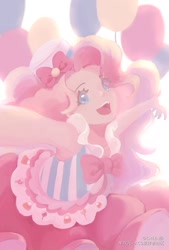 Size: 1181x1748 | Tagged: safe, artist:chee, imported from derpibooru, pinkie pie, human, balloon, clothes, dignified wear, dress, female, gala dress, humanized, solo