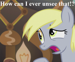 Size: 1296x1080 | Tagged: safe, edit, edited screencap, imported from derpibooru, screencap, derpy hooves, slice of life (episode), cropped, doctor whooves' lab, horrified, reaction image, speech, talking, what has been seen