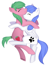 Size: 5000x6598 | Tagged: safe, artist:starlight, imported from derpibooru, oc, oc only, oc:pine berry, oc:snow pup, earth pony, pegasus, pony, collar, cuddling, eyes closed, folded wings, nuzzling, simple background, transparent background, wings